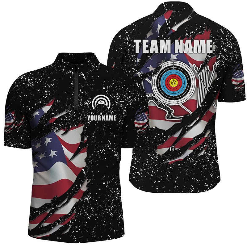 Grunge American Flag Archery Sets Men Quarter-Zip Shirts Custom Patriotic Archery Jersey TDM1388