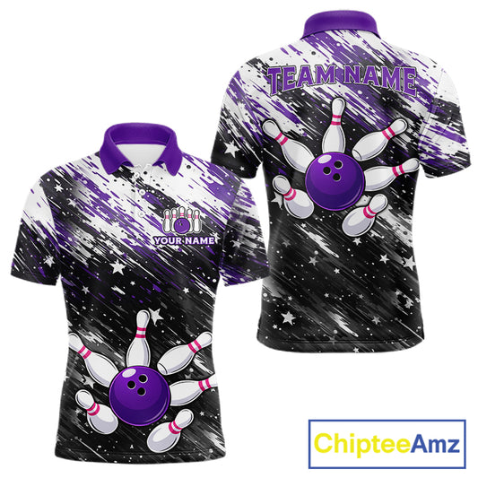 Personalized Grunge Bowling Shirt For Men Custom Bowling Polo & 1/4 Zip, Bowling Uniform |Purple TDM6274