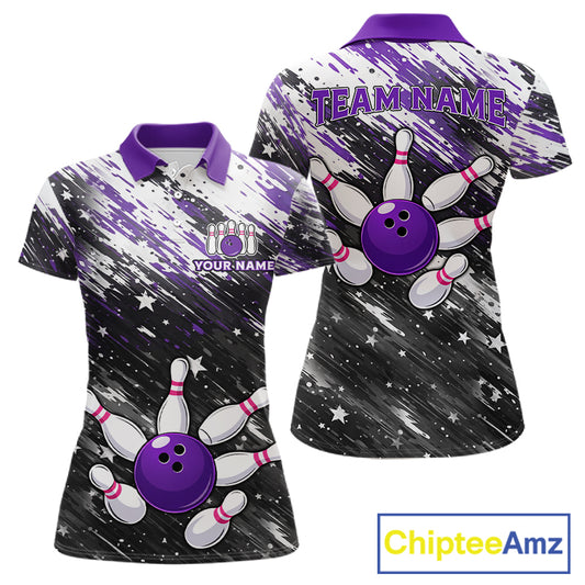 Personalized Grunge Bowling Shirt For Women Custom Bowling Polo & 1/4 Zip, Bowling Uniform |Purple TDM6274