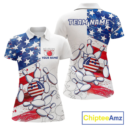 American Flag Patriotic Bowling Shirt For Women Custom Bowling Polo & Quarter Zip Team Shirts TDM6276