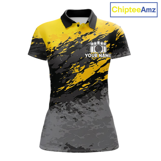 Yellow funny banana grunge bowling polo shirt for women with custom team graphics.