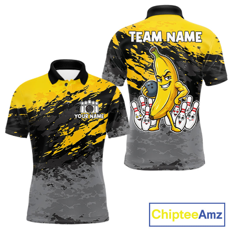 Yellow funny banana grunge bowling polo shirt for men with custom team graphics.