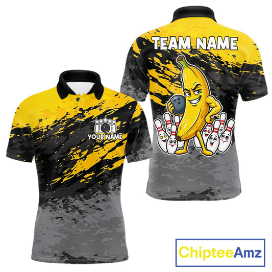 Yellow funny banana grunge bowling polo shirt for men with custom team graphics.