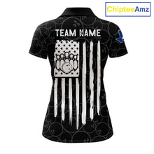 Load image into Gallery viewer, US flag Texas bowling polo shirt for women with patriotic bowling team graphics.