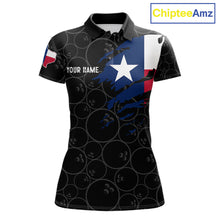 Load image into Gallery viewer, US flag Texas bowling polo shirt for women with patriotic bowling team graphics.