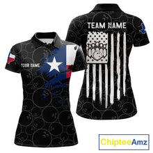 Load image into Gallery viewer, US flag Texas bowling polo shirt for women with patriotic bowling team graphics.