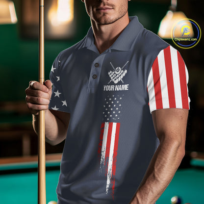 Man wearing personalized navy American flag 8 ball pool billiard polo shirt front view.