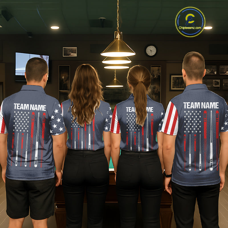 Billiard team wearing matching navy American flag 8 ball pool jerseys back view.