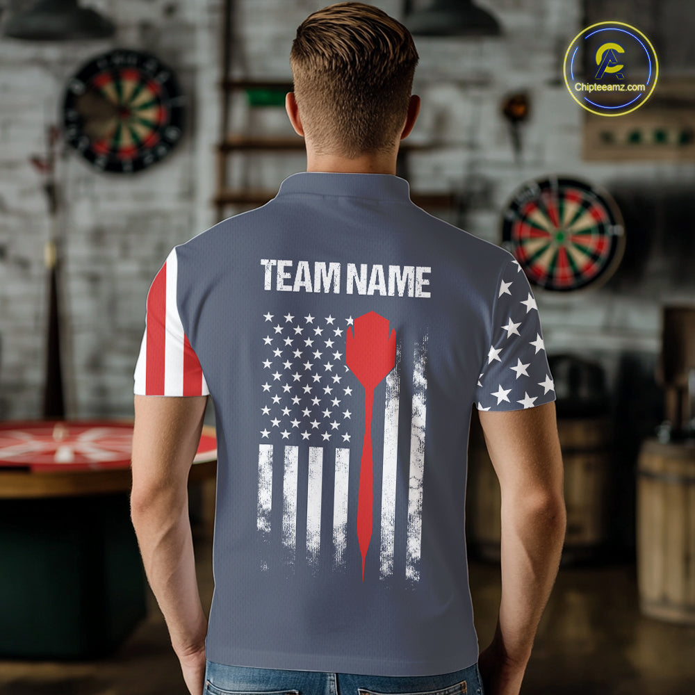 Man wearing personalized navy American flag darts polo shirt back view.