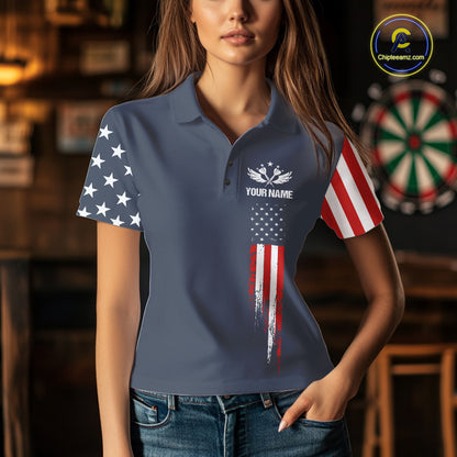 Woman wearing personalized navy American flag darts polo shirt front view.