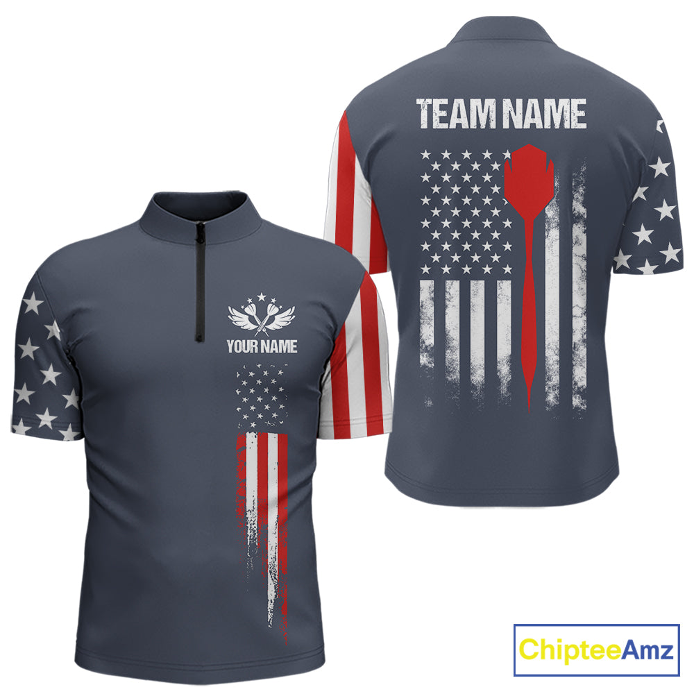 Personalized navy American flag patriotic darts quarter zip shirt for men, custom darts team jersey.