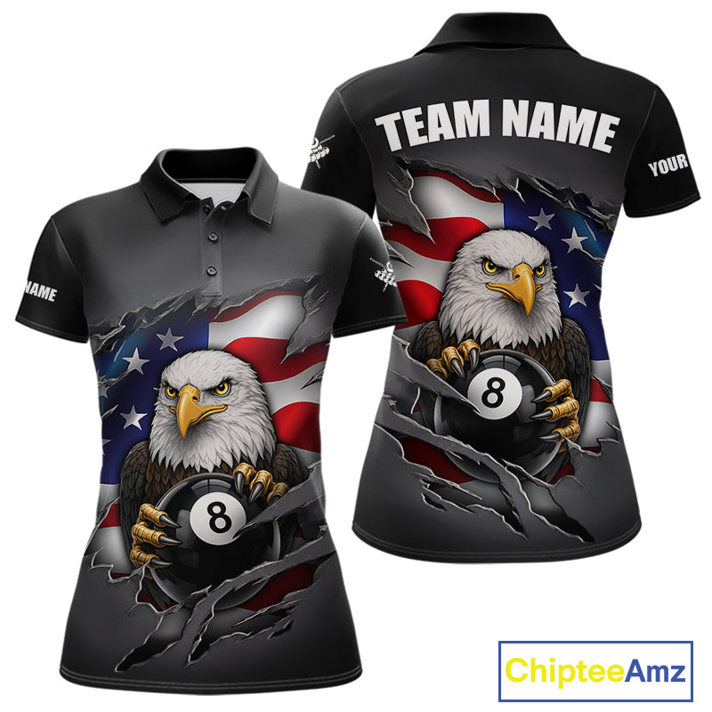 Grey American Flag Eagle 8 Ball Pool Billiard Shirts For Women Custom Patriotic Billiard Team Jersey TDM7169