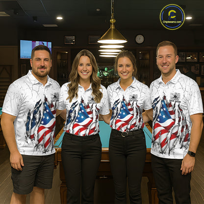 Custom US Flag Eagle Fire 8 Ball Billiard Jersey For Women, White Grunge Patriotic Pool Team Shirt TDM7176