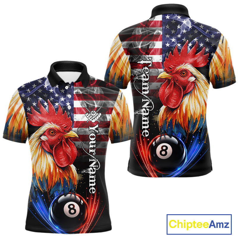 American Flag Smoke Rooster Billiard Shirt For Men Custom 8 Ball Pool Team Jersey Polo & 1/4 Zip TDM5883