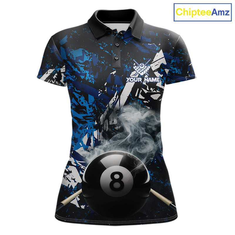 Custom Blue Camo 8 Ball Pool Smoke Billiard Shirt For Women, Billiard Team Jersey Polo & 1/4 Zip TDM6031