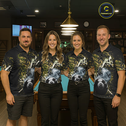 Custom Green Camo 8 Ball Pool Smoke Billiard Shirt For Women, Billiard Team Jersey Polo & 1/4 Zip TDM6032