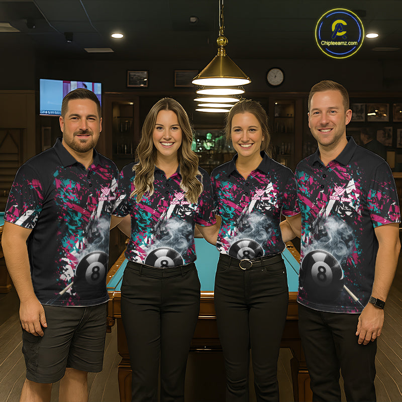 Custom Pink And Teal Camo 8 Ball Smoke Billiard Shirt For Men, Pool Team Jersey Polo & 1/4 Zip TDM6033