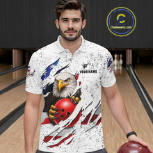 Load image into Gallery viewer, Man wearing a white grunge American flag eagle bowling polo shirt at a bowling alley front view.