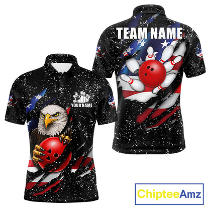 Black grunge American flag eagle bowling polo shirt for men with patriotic team graphics.