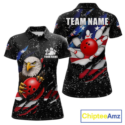 Black grunge American flag eagle bowling polo shirt for women with patriotic team graphics.