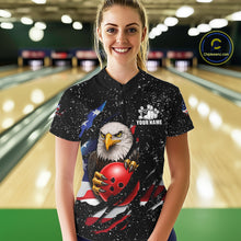 Load image into Gallery viewer, Woman wearing a black grunge American flag eagle bowling quarter zip jersey during tournament play front view.