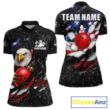 Load image into Gallery viewer, Black grunge American flag eagle bowling quarter zip shirt for women built for league play and tournaments.
