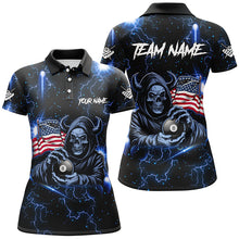 Load image into Gallery viewer, Blue Skull Thunder Lightning US Flag Custom Women Billiard Shirts, Patriotic Billiard Team Jerseys TDM1973