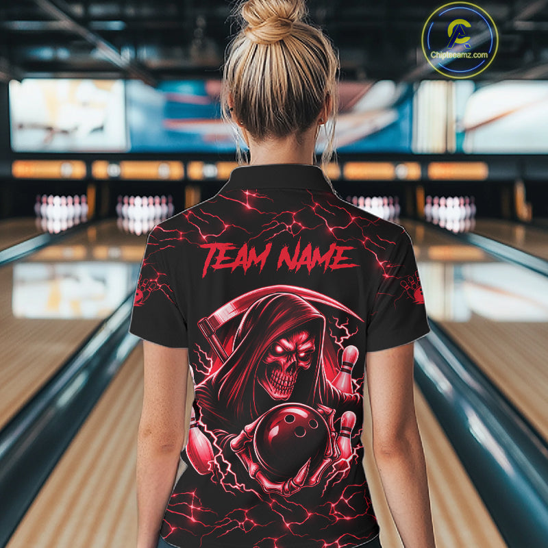 Woman wearing custom red grim reaper lightning bowling polo shirt back view.