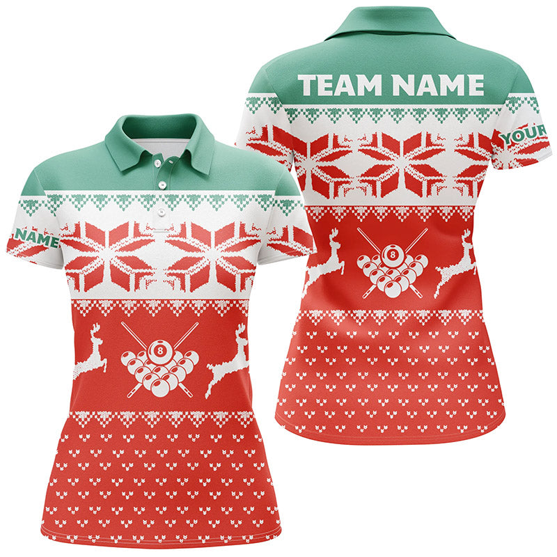 Personalized Red Women Christmas Shirts Custom Full Printing Funny Billiard Christmas Polo Shirts TDM0524
