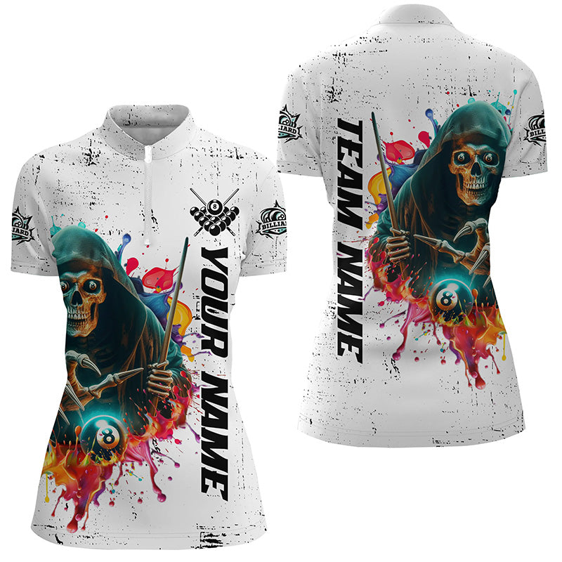 Billiard Skeleton Colorful Grunge Style Customized Women Quarter-Zip Shirt, Billiard Attire TDM1079