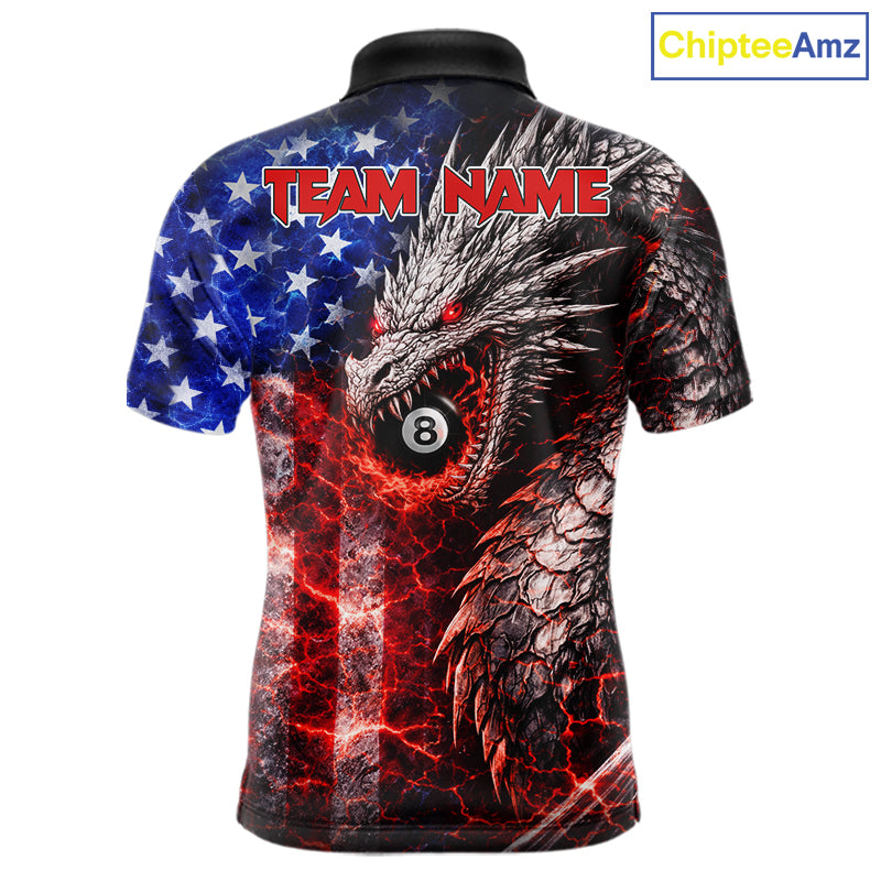 American Flag Dragon 8 Ball Billiard Shirt For Men Custom Lightning Pool Team Jersey Polo, 1/4 Zip TDM6034
