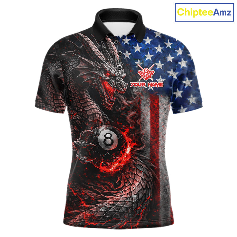 American Flag Dragon 8 Ball Fire Billiard Shirt For Men Custom Pool Team Jersey Polo, 1/4 Zip TDM6035