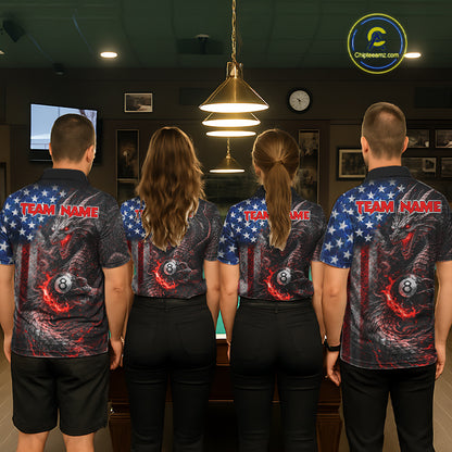 American Flag Dragon 8 Ball Fire Billiard Shirt For Men Custom Pool Team Jersey Polo, 1/4 Zip TDM6035