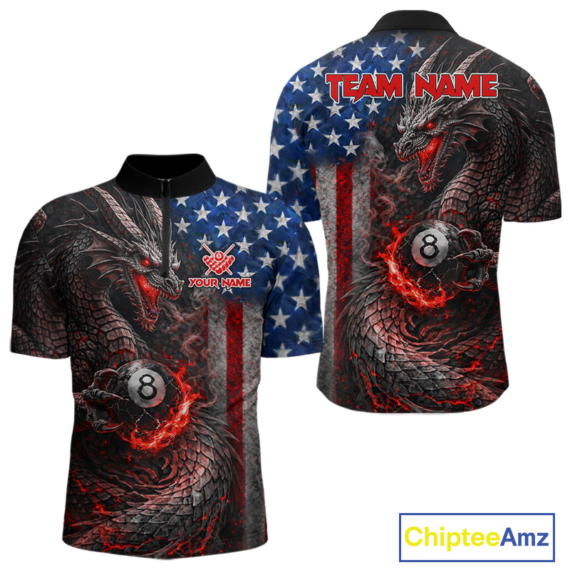 American Flag Dragon 8 Ball Fire Billiard Shirt For Men Custom Pool Team Jersey Polo, 1/4 Zip TDM6035