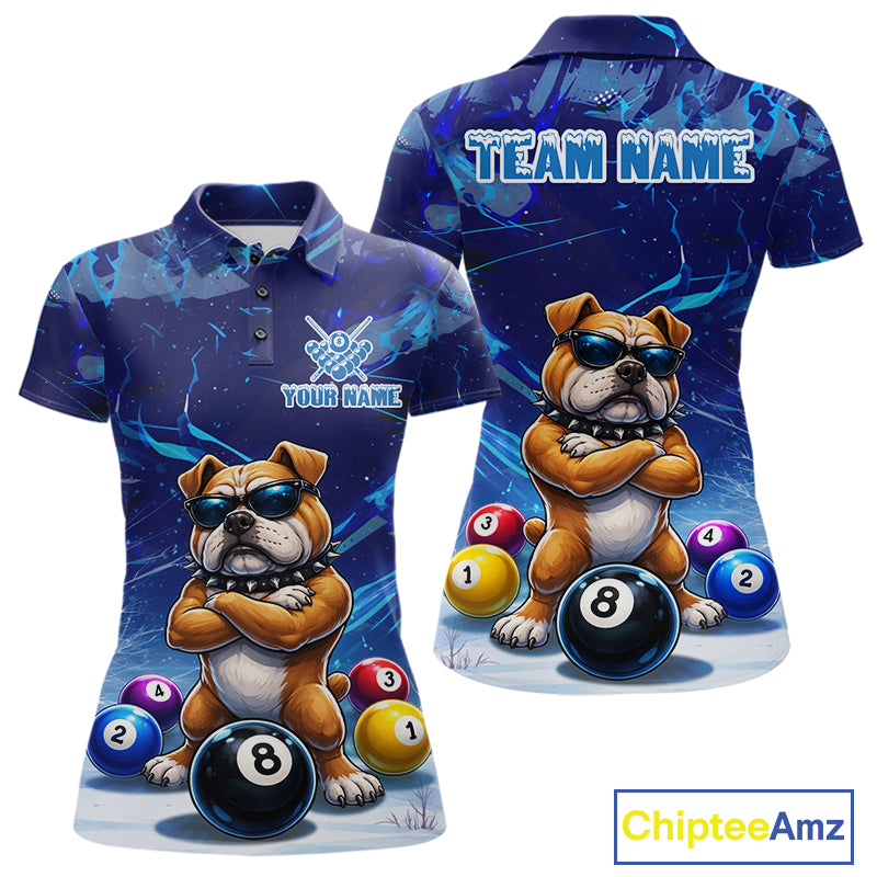 Funny Bulldog Pool Balls Billiard Shirt For Women Custom Billiard Team Jersey Polo & 1/4 Zip |Blue TDM6041