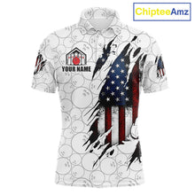 Load image into Gallery viewer, Vintage American flag white bowling polo shirt for men with patriotic team graphics.