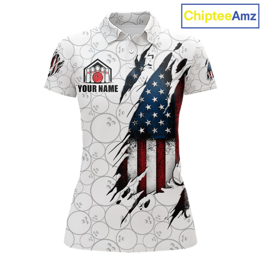 Vintage American flag white bowling polo shirt for women with patriotic team graphics.