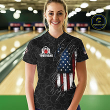 Load image into Gallery viewer, Woman wearing a vintage American flag black bowling quarter zip jersey during league play front view.