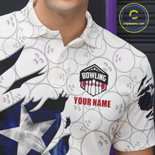 Load image into Gallery viewer, Close-up of a smoke Texas flag white bowling polo shirt collar, buttons, and Texas flag artwork.