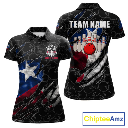 Smoke Texas flag black bowling polo shirt for women with patriotic bowling team graphics.