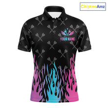Load image into Gallery viewer, Dartboard neon fire flame darts polo shirt for men with custom darts team graphics.
