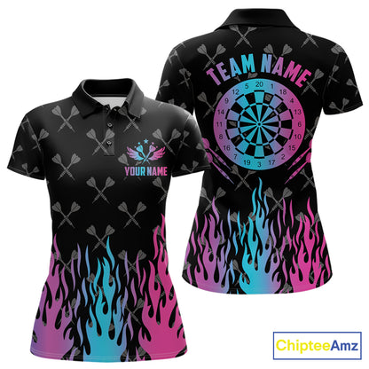 Dartboard neon fire flame darts polo shirt for women with custom darts team graphics.