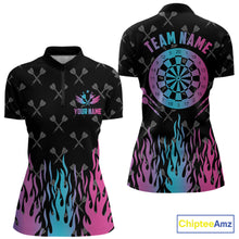 Load image into Gallery viewer, Dartboard neon fire flame darts quarter zip shirt for women designed for league matches and tournament play.