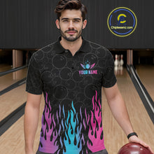 Load image into Gallery viewer, Man wearing a fire flame neon bowling polo shirt at a bowling alley front view.