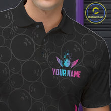 Load image into Gallery viewer, Close-up of a fire flame neon bowling polo shirt collar, buttons, and flame artwork.
