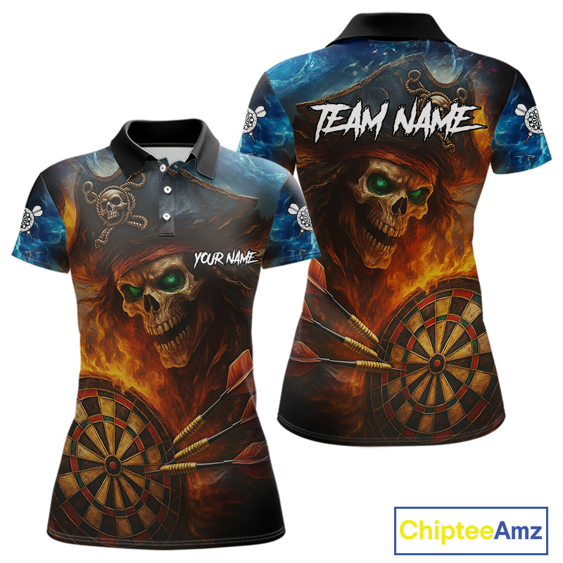 Personalized Pirate Fire Flame Darts Shirt For Women Custom Skull Darts Jersey Team Polo & 1/4 Zip TDM4973