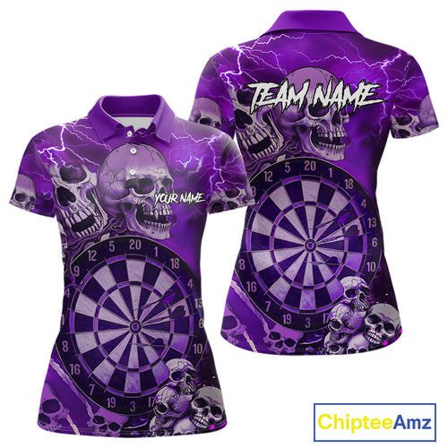 Purple Funny Skull Lightning Darts Shirt For Women Custom Darts Team Jersey Polo & Quarter Zip TDM4979