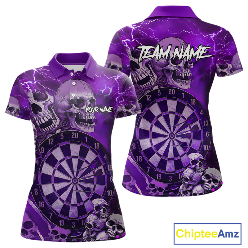 Purple Funny Skull Lightning Darts Shirt For Women Custom Darts Team Jersey Polo & Quarter Zip TDM4979