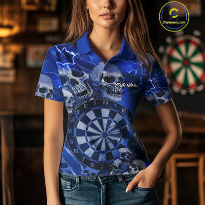 Blue Funny Skull Lightning Darts Shirt For Women Custom Darts Team Jersey Polo & Quarter Zip TDM4980