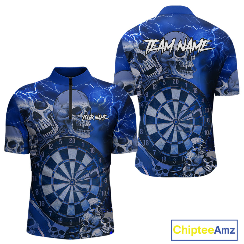Blue Funny Skull Lightning Darts Shirt For Men Custom Darts Team Jersey Polo & Quarter Zip TDM4980